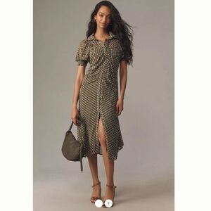By Anthropologie Puff-Sleeve Ruched Mesh Midi Shirt Dress